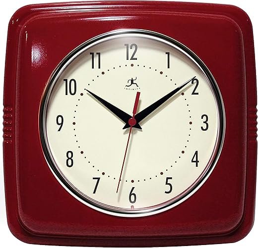 Infinity Instruments Square Silent Retro 9 inch Mid Century Modern Kitchen Diner Retro Wall Clock Quartz Sweep Movement (Red)