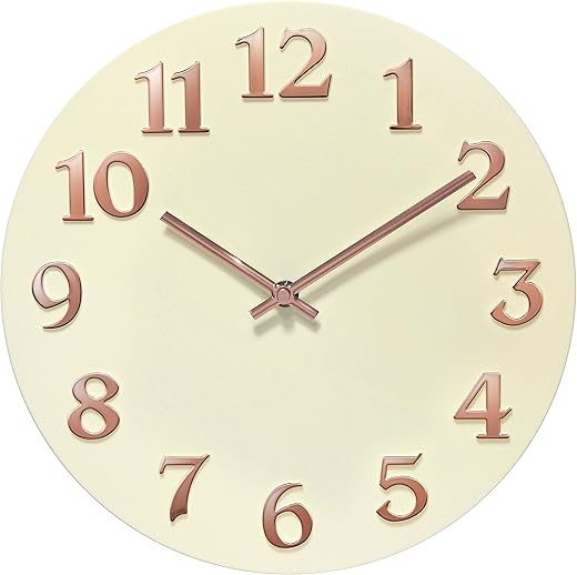 Infinity Instruments Vogue Matte Finish Open Face Wall Clock, Stunning Easy to Read Metal Hands and Numbers, Easy Hang Keyhole Design, 12 Inch, Ivory/Rose Gold