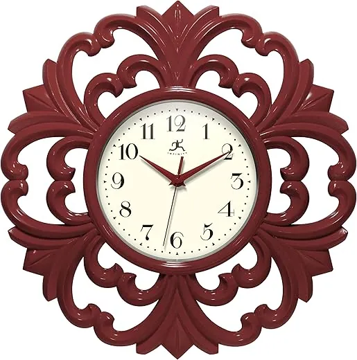 Infinity Instruments Wisteria 15.5 Inch Wall Clock, Indoor Use, Quartz Movement, Battery Operated, Silent Movement - Red