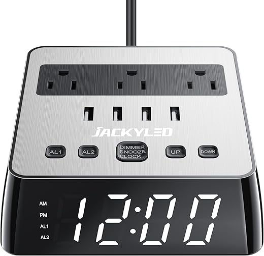 JACKYLED Alarm Clock with USB Charger Power Strip Total 4.8A USB Ports LED Full Screen Surge Protector 6.5ft Cord 4 Dimmer for Heavy Sleepers Compatible with Phone Tablet Computer Black Silver