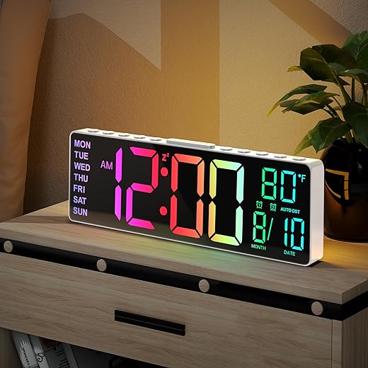 JALL 10.5'' Digital Large Alarm Clock with 8-in-1 RGB Colors, Date, Month, Temperature LED, Auto DST, Modern for Desk, Wall, Living Room, Bedroom, Birthday Xmas Gift, him her Mom Dad Seniors Teen