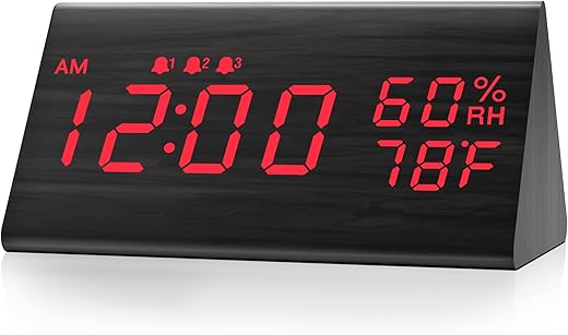 JALL Digital Alarm Clock, with Wooden Electronic LED Time Display, 3 Alarm Settings, Humidity & Temperature Detect, Wood Made Electric Clocks for Bedroom, Bedside, Red Digit Display