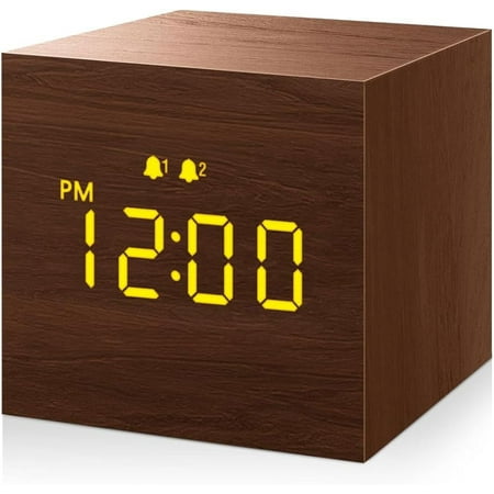 JALL Digital Alarm Clock, with Wooden Electronic LED Time Display, Dual Alarm, 2.5-inch Cubic Small Mini Wood Made Electric Clocks for Bedroom, Bedside, Desk, Brown