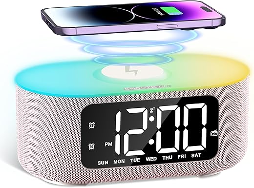 JALL Fabric Alarm Clock for Bedroom, with Big Led Screen Display, Bluetooth Stereo Sound Speaker, FM Radio, Fast Wireless Charging, USB Charging Port, Nightlight, White Noise, Ideal for Gift, Pink