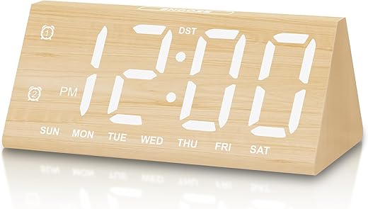 JALL Wooden Digital Alarm Clocks for Bedrooms, Large Bold Digits Electric Desk Clock, with Dual Alarm, USB Port, DST, Auto Dimmer for Wood Decor, Bedside, Gift (Yellow)