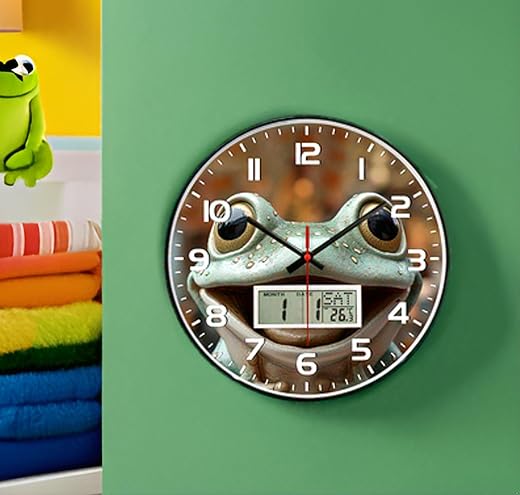 JENLYSTIME 12 inch Wall Clock, Cheerful Frog of Cute Dial with LCD Display for Date,Week and Temperature,Analog,Non-Ticking Silent Battery Operated Quartz,Decor for Bedroom,Living Room,Office etc