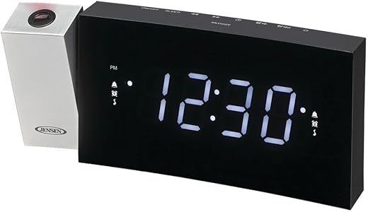 Jensen Compact Time Projection Dual Alarm Clock Radio with Large Easy to Read Backlit LCD Display