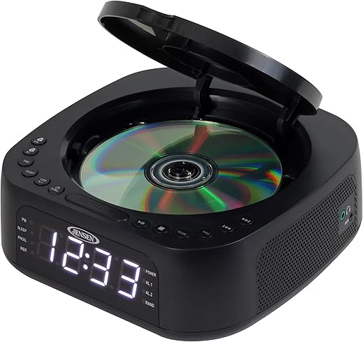 Jensen JCR-375 Stereo Digital Dual-Alarm Clock with Top-Loading CD Player, FM Tuner, USB Charging Port, and Battery Backup