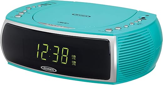 Jensen Turquoise Modern Home CD Tabletop Stereo Clock Digital AM/FM Radio CD Player Dual Alarm Clock Stereo CD Top-Loading Disc Player | USB Charging Port DV 5V 800mA | Headphone Jack | 0.9 Display