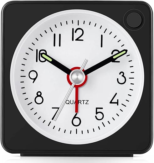 Jisile Travel Analog Alarm Clock, 2.25 inch, Ultra Small Clock with Snooze and Light Function, Super Silent Non Ticking, Battery Operated, Back to School Gifts for Student