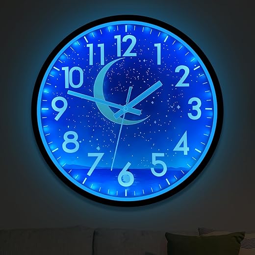 JoFomp Glow in The Dark Wall Clocks Battery Operated, 12 Inch Blue Moon Silent Wall Clock Non Ticking, LED Sound Control Light Up Wall Clock for Bedroom, Night Light Wall Clocks for Living Room Decor