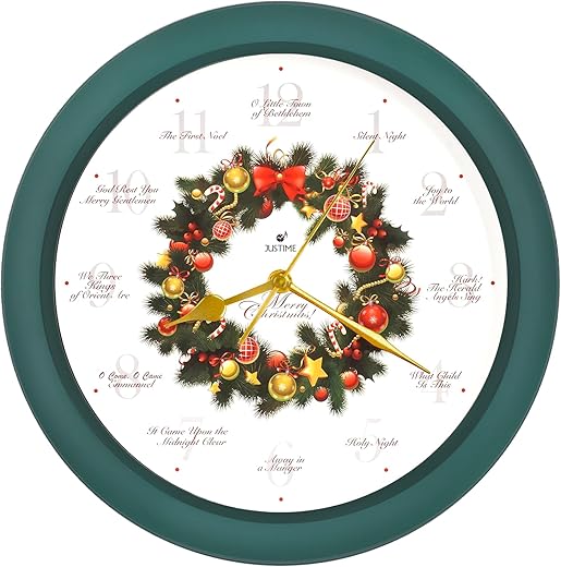 JUSTIME 14-inch 12 Song of Carols of Christmas Wreath Melody Wall Clock Christmas Musical Clock Chime Wall Clock in Wall Christmas Home Decor Wall Deco Round Wall Clock Green