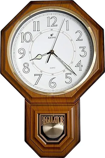 JUSTIME Traditional Schoolhouse Pendulum Luminous Wall Clock Chimes Hourly with Westminster Melody Made in Taiwan (PP0258-L-LW Light Wood Grain)