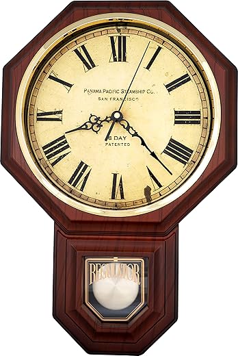 JUSTIME Traditional Schoolhouse Vintage Roman Pendulum Wall Clock Chimes Hourly with Westminster Melody. (PP-VR-DW Dark Wood Grain)