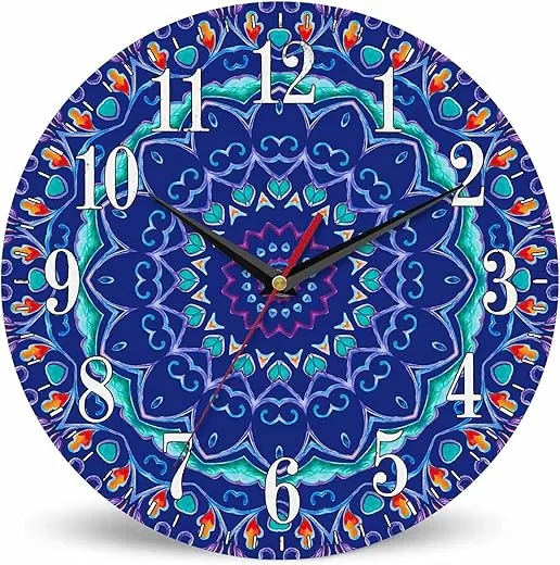 Kaleidoscope Mandala Wall Clock Blue Oriental Ethnic Retro Pattern Print 10 Inch Silent Non Ticking Battery Operated Clock Vintage Round Clock for Living Room Bedroom Bathroom Office Decor