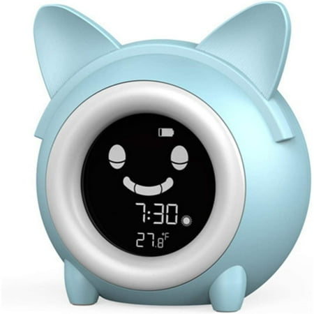 KEINXS Smart Night Light Digital Kids Alarm Clock with Cat Ears,Also with Indoor Temperature Detect,5 Color Night Light, Dimmer, 8 Nap Timer, Funny Faces, 12/24 H DST, Snooze Time to Wake Alarm