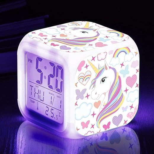 Kids Alarm Clocks, Unicorn Night Light Kids Alarm Clocks with 4 Sided Unicorn Pattern&9 Kinds of LED Glowing Wake Up Bedside Clock Gifts for Unicorn Room Decor for Girls Bedroom