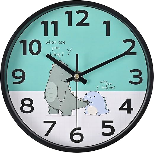 Kids Wall Clock Dinosaur Cute Small Analog Wall Clocks Battery Operated Silent for Classroom Kids Bedroom Playroom Baby Room Nursery Decor,8 Inch Teal