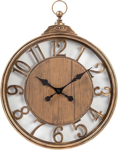 Kiera Grace Wall Clock, 20.5 Inch, Jared Antiqued Gold Imitation Wood Wall Clocks Battery Operated, Vintage Farmhouse Silent Non Ticking Home Decor for Living Room, Kitchen, Bathroom