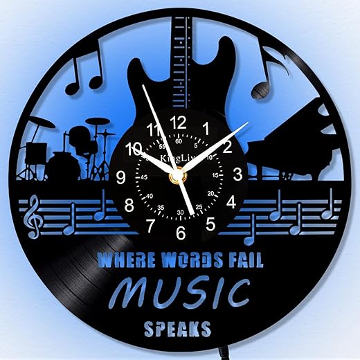 KingLive Guitar Vinyl Record Wall Clock, LED Night Light Guitar Wall Decor with Remote Control,Music Wall Clock 12 Inch Vintage Aesthetic Art Room Decor, Guitar Gifts for Men