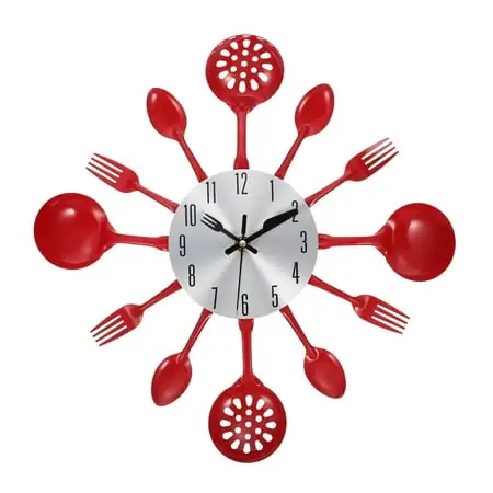 Kitchen Knife and Fork Wall Clock Clocks Utensil Red Stainless Steel