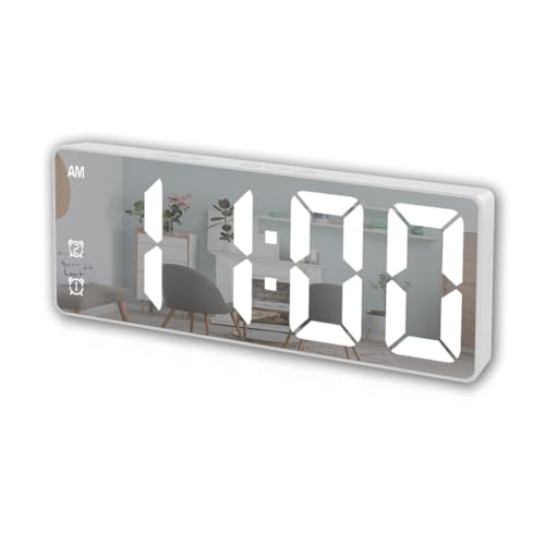 Königswerk Digital Alarm Clock, Mirror Surface LED Electronic Clocks Large Display, Adjustable Brightness, Small Digital Clcok with Snooze Model for Bedroom, Desk, Office, White Digit