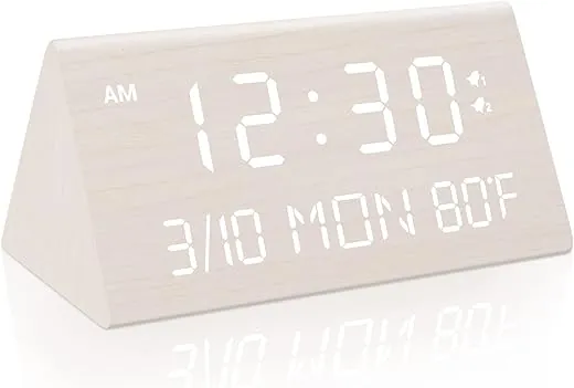 Kogonee Wooden Digital Alarm Clock, 0-100% Dimmer, 2 Alarm Settings, Weekday/Everyday Mode, 9 Mins Snooze, 12/24H, Temperature and Date Display for Office, Travel, Bedroom Alarm Clock (White)