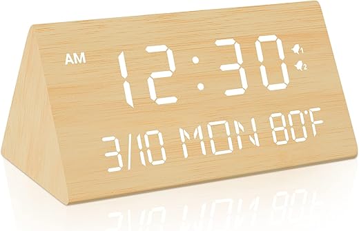 Kogonee Wooden Digital Alarm Clock, 0-100% Dimmer, 2 Alarm Settings, Weekday/Everyday Mode, 9 Mins Snooze, 12/24H, Temperature and Date Display for Office, Travel, Bedroom Alarm Clock (Bamboo)