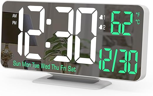 KOSUMOSU Alarm Clock for Bedroom, 6.7 Led Desk Digital Clock,Mirror Clock,Dual Alarm Clock for Living Room with Seconds,Date,Week,12/24h,Dimming,Temp