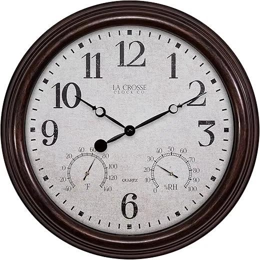 La Crosse Clock 404-3015 15-inch Indoor/Outdoor Quartz Wall Clock with Temperature and Humidity(Brown)