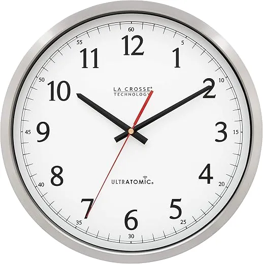 La Crosse Technology 404-1235UA-PL UltrAtomic 14 inch Stainless Steel Wall Clock, Shatterproof Lens, Silver