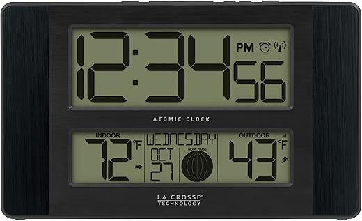 La Crosse Technology 513-1417BS Atomic Digital Clock with Temperature and Moon Phase, Black