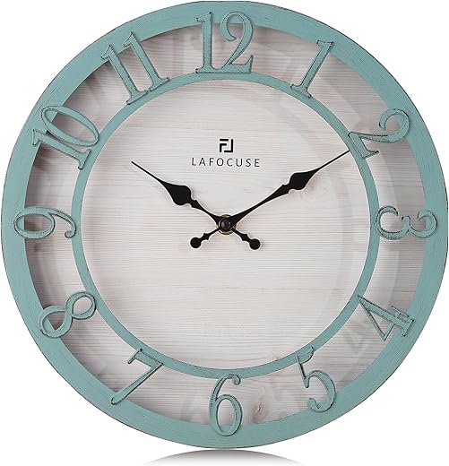 Lafocuse Silent Teal Green Rustic Farmhouse Wall Clock with Raised 3D Arabic Numerals for Home Decor 12 Inch, Battery Operated Shabby Chic Kitchen Wall Clocks Decorative for Living Room Bedroom Office