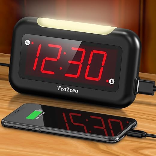 Large Digital Alarm Clock Big Numbers for Seniors & Visually Impaired, Red Digits, USB Charging Port, Adjustable Volume, Dimmable, Snooze, Alarm Clock for Bedrooms, Kids, Heavy Sleepers