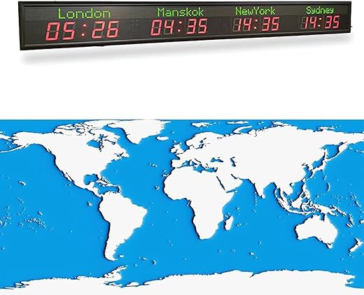 Large Digital Led World Clock, 4 Time Zone Wall Mounted City Time Zone World Clock, City Can Be Changed, 5-Level Brightness Adjustment, Hotels, Multinational Enterprises