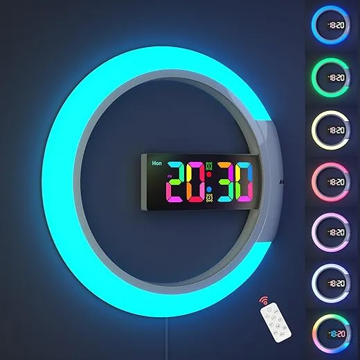 Large Digital Wall Clock, 12 inch Round Wall Clock with Remote Conrol RGB Night Light Temperature Week Dual Alarms Wall Digital Clock for Living Room Bedroom Home Office