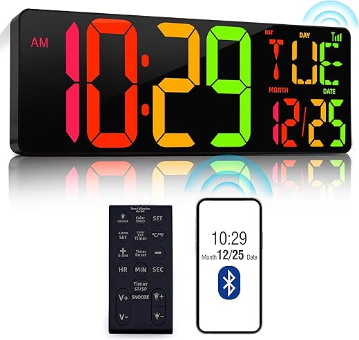 Large Digital Wall Clock 17.2" Bluetooth Auto Time Sync Led Digital Clock Large Display 11 RGB Colors Digital Calendar Auto-Dimming/DST Big Timer With Remote For Living Room Classroom Decor Garage