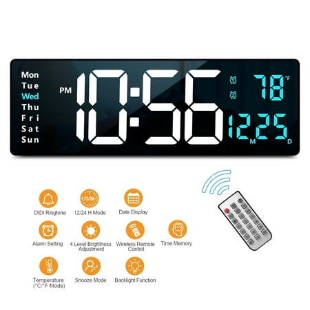 Large Digital Wall Clock with Remote Control, 16.5 Inch LED Large Display Count Up & Down Timer, Adjustable Brightness Alarm Clock with Day/Date/Temperature for Home, Gym, Office and Seniors