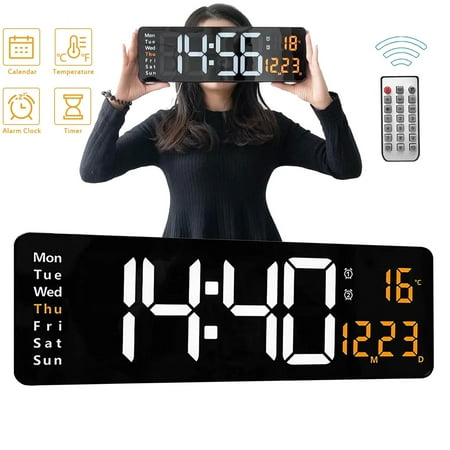 Large Digital Wall Clock with Remote Control, 16.5 Inch LED Large Display Count Up & Down Timer, Adjustable Brightness Alarm Clock with Day/Date/Temperature for Home, Gym, Office(Orange)