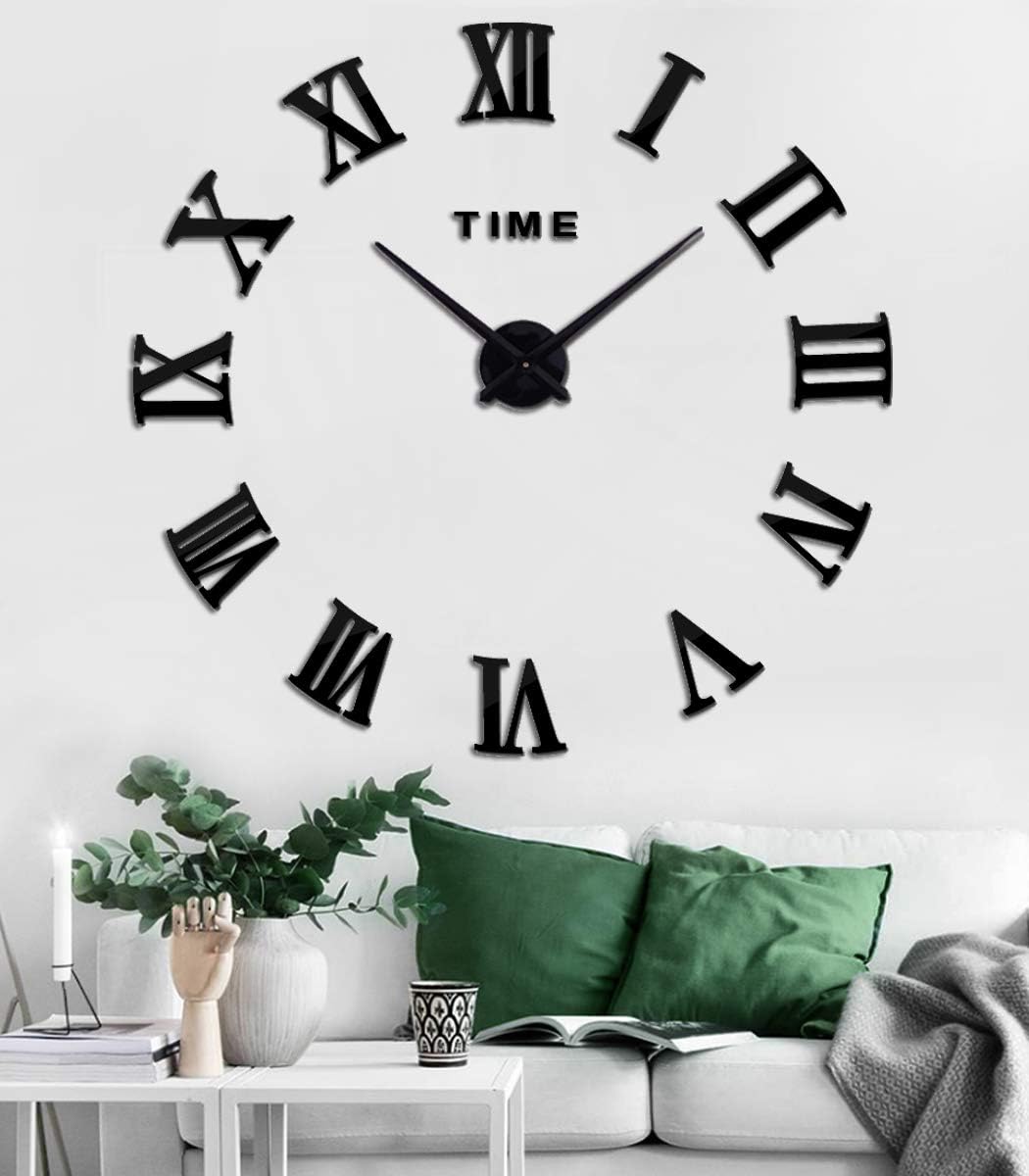 Large DIY Wall Clock Kit, 3D Modern Frameless Wall Clock with Mirror Number Stickers for Home Living Room Bedroom Office Decoration-Black 021