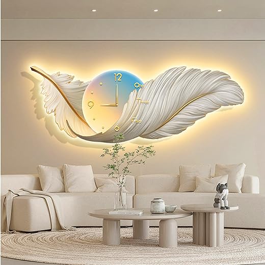 Large Feather Wall Hanging Decor, Boho Plume Wall Art with LED Light and Clock, Chic Feather Wall Sculptures Room Decor for Bedroom Living Room Apartment,C