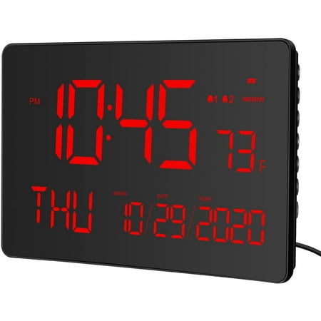 Large LED Digital Wall Clock, 10 inches - Dual Alarm Clock - Indoor Temperature - Calendar Display - Adjustable Brightness - Night Display - Dual Mounting Options (Red)