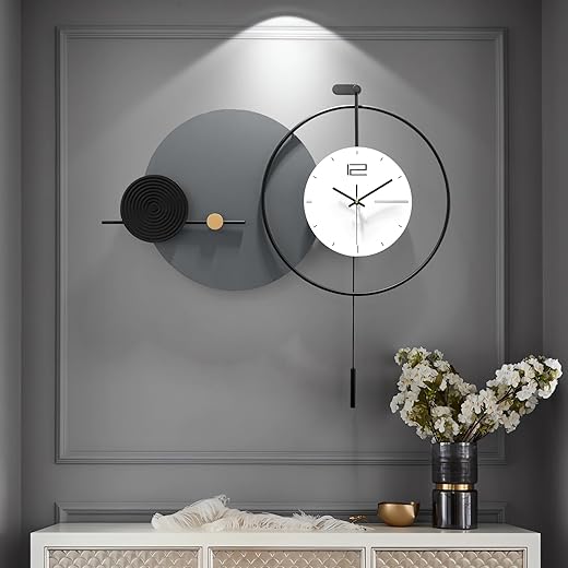 Large Modern Wall Clock for Living Room,Decorative Silent Battery Operated Wall Clock with Pendulum Metal Wall Art for Kitchen/Bedroom/Entryway/Office Decor