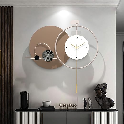 Large Modern Wall Clock for Living Room,Decorative Silent Battery Operated Wall Clock with Pendulum Metal Wall Art for Kitchen/Bedroom/Entryway/Office Decor