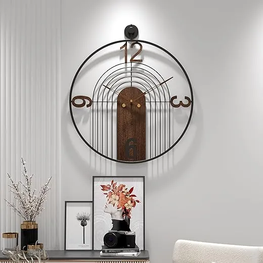 Large Modern Walnut Dial Wall Clock, Wood Metal Frame Silent Non Ticking Decoration Wall Clocks for Living Room, Bedroom, Kitchen, Study, Handmade Home Decor Gift Idea, 26.4 Inch