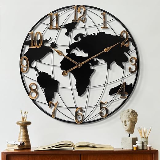 Large Wall Clock - 16 Inch World Map Minimalist Modern Wall Clock Round Metal Wall Clock Silent Non-Ticking Battery Operated Wall Clocks for Living Room Kitchen Office Farmhouse Home Decor