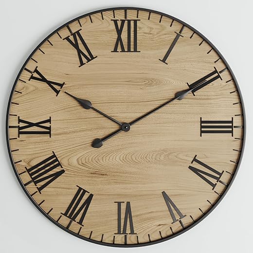 Large Wall Clock 24 Inches - Decorative Wall Clock Large With Real Wood & Roman Numerals - 24 Inch Wall Clocks For Living Room Decor - Large Farmhouse Wall Clock - Big Wall Clock For Living Room