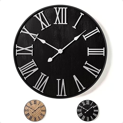 Large Wall Clock 24" Round - Silent Metal & Wood Large Clock - Farmhouse Wall Clock Large - 24 Inch Wall Clock For Living Room Decor - Big Wall Clock Roman Numerals - Wall Clocks For Living Room Decor