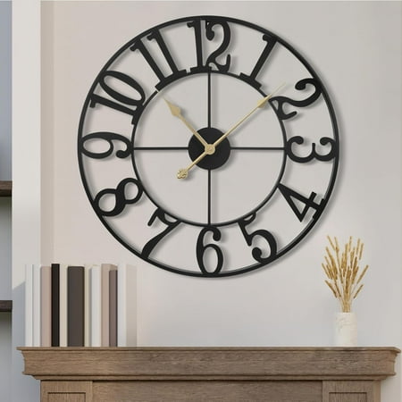 Large Wall Clock Metal Retro Roman Numeral Clock, Modern Round Wall Clocks almost Silent, Easy to Read for Living Room/Home/Kitchen/Bedroom/Office/School Decor (Black, 24 Inch)