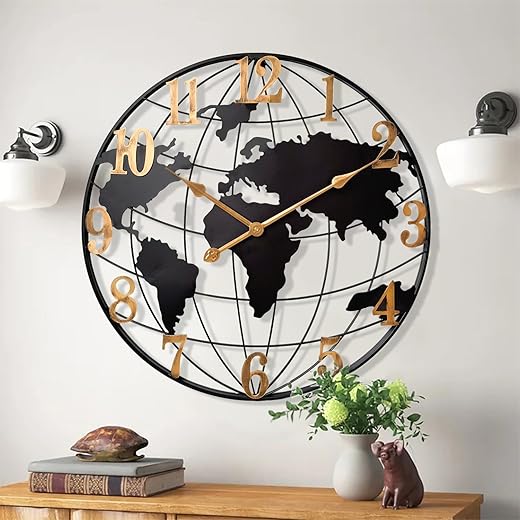 Large World Map Wall Clock, Metal Minimalist Modern Clock,Round Silent Non-Ticking Battery Operated Wall Clocks for Living Room/Home/Kitchen/Bedroom/Office/Farmhouse Decor (24 Inch)